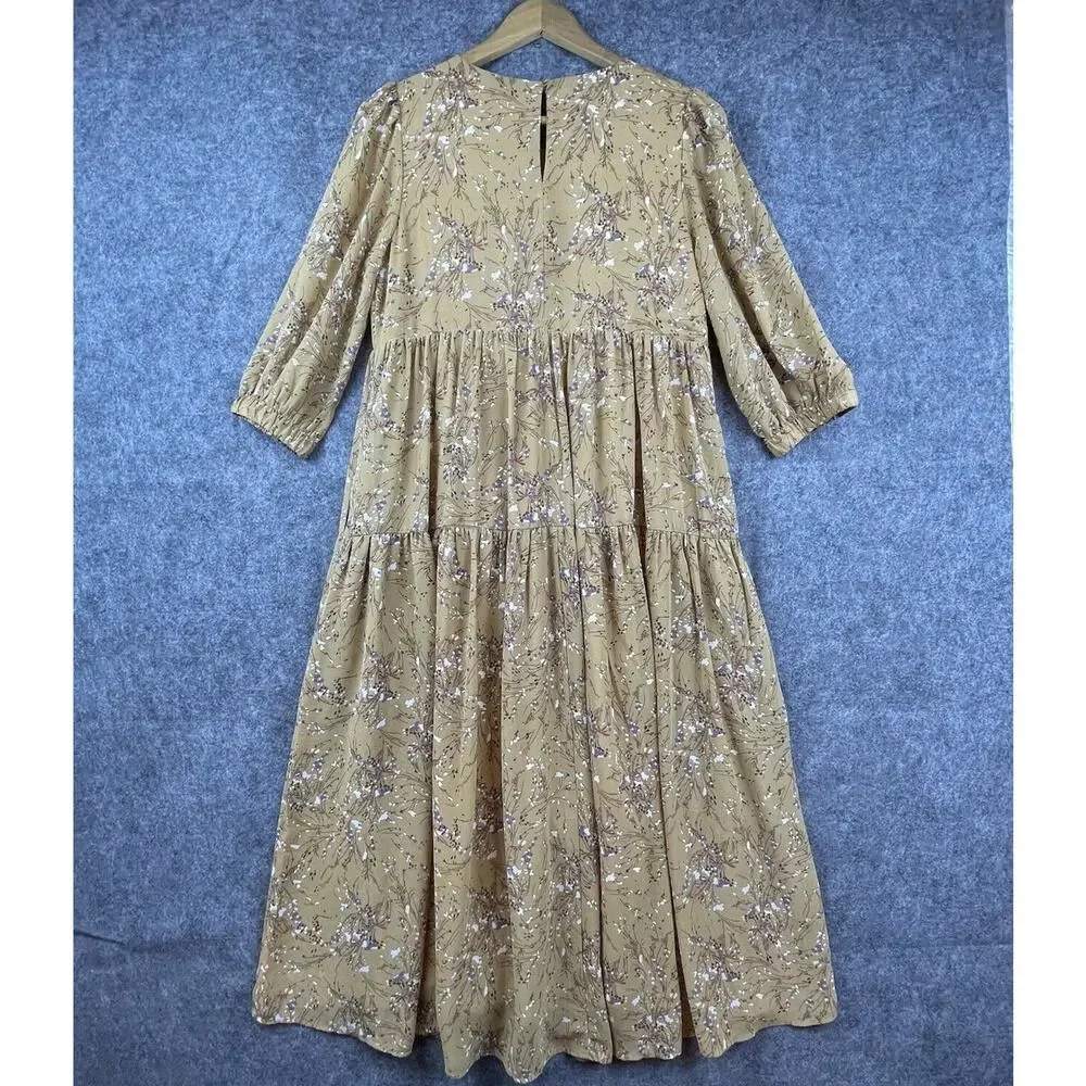 Code X Mode Dress Small Tan Purple Peasant Cottage Farm Tiered Gathered Priairie - Picture 2 of 7